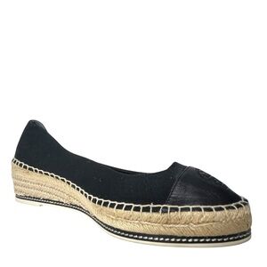 Tory Burch Perfect Black Color-Block Canvas & Leather Espadrille Wedge Sz 10 1/2